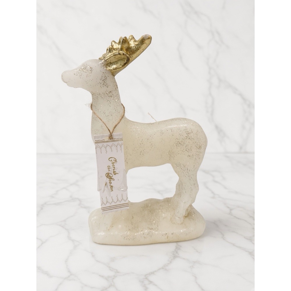 Winter/Christmas White & Gold Glitter Reindeer Figurine candle